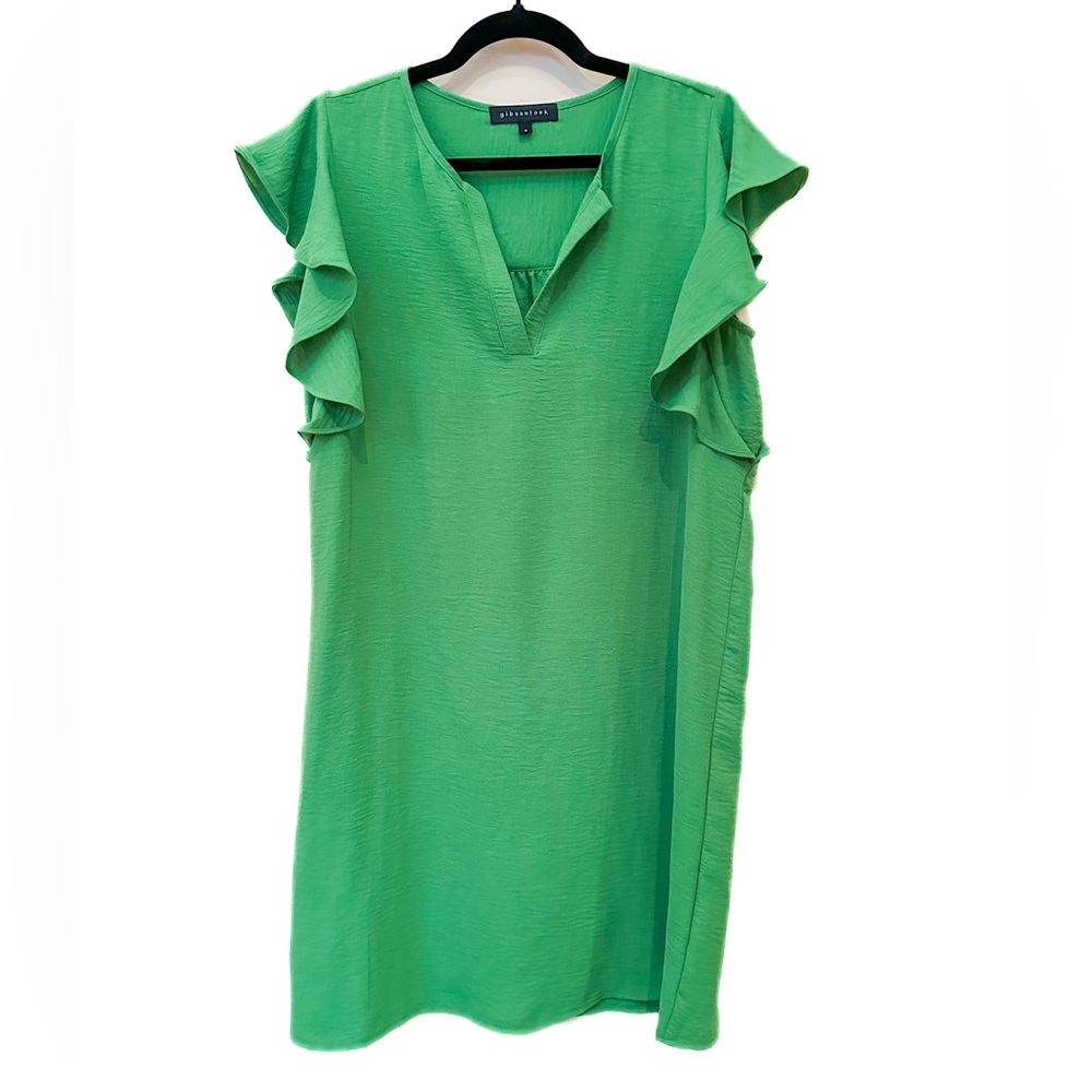 Green Midi Dress with Ruffled Cap Sleeves and V-Neck